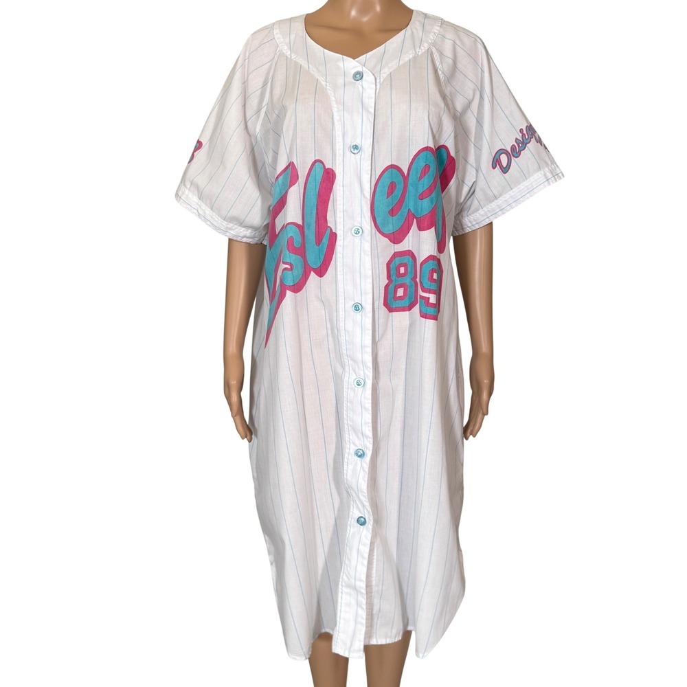 Esleep Vintage Baseball Jersey Nightgown 3X White Pinstripe Teal Pink MVP 89